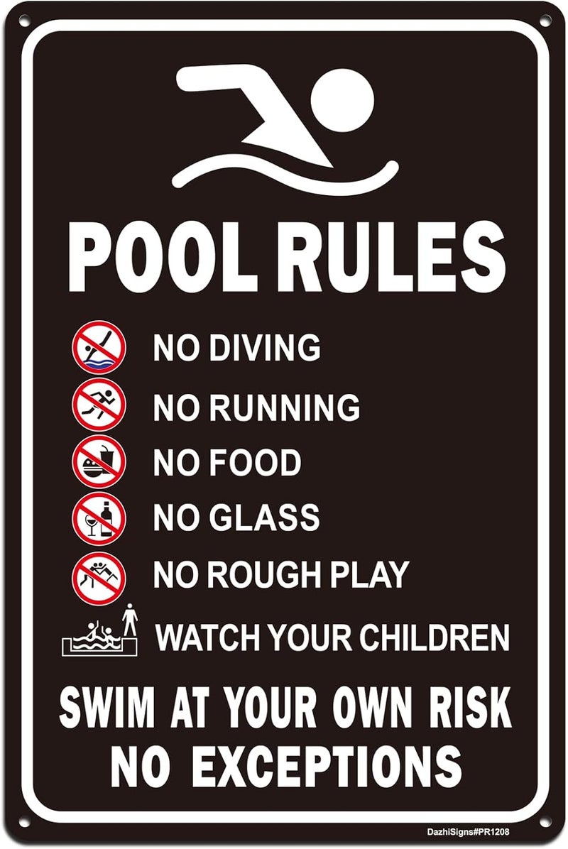 DazhiSigns Pool Rules Sign, No Diving No Running No Food No Glass No Rough Play Signs, Swim at Your Own Risk Sign, 12"x8" Rust Free Reflective Aluminum, Fade/Weather Resistant, UV Protected, Easy to Mount - Image 1